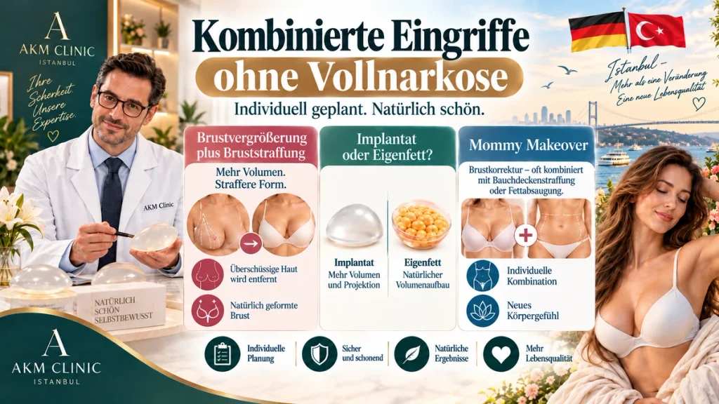 Kombinierte Eingriffe bei Brustvergrößerung ohne Vollnarkose: Bruststraffung, Eigenfett und Mommy Makeover im Vergleich.