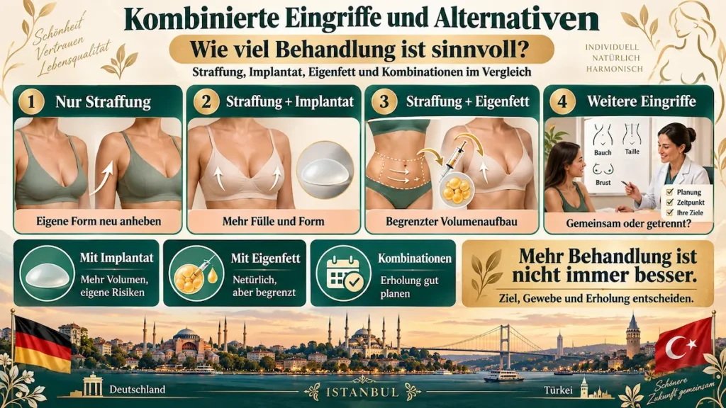 Infografik zu kombinierten Eingriffen und Alternativen bei einer Bruststraffung mit Implantaten für eine individuell passende Behandlung.