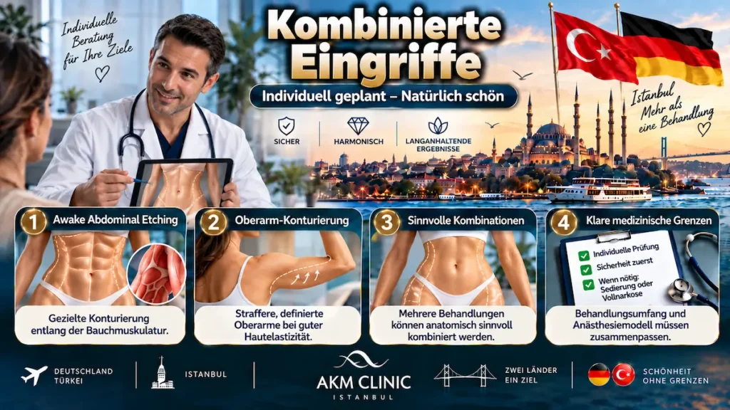 Fettabsaugung ohne Vollnarkose mit kombinierten Eingriffen wie Abdominal Etching, Oberarm-Konturierung und individueller Anästhesieplanung.