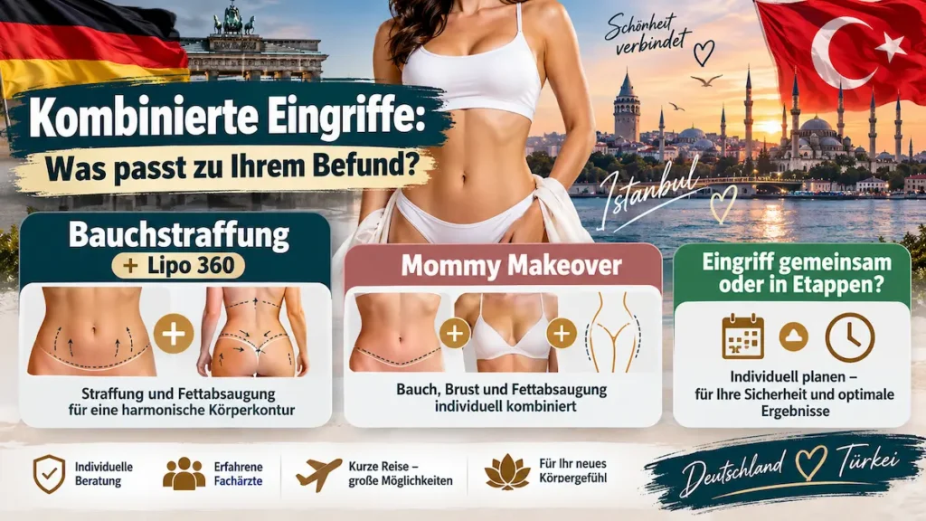 Bauchdeckenstraffung Türkei: Infografik zu Lipo 360, Mommy Makeover und der Frage, ob Eingriffe kombiniert oder gestaffelt werden.