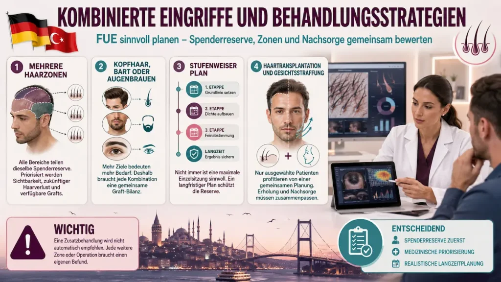 Kombinierte Eingriffe und Behandlungsstrategien bei FUE mit Spenderreserve, mehreren Haarzonen, Stufenplan und Nachsorge.