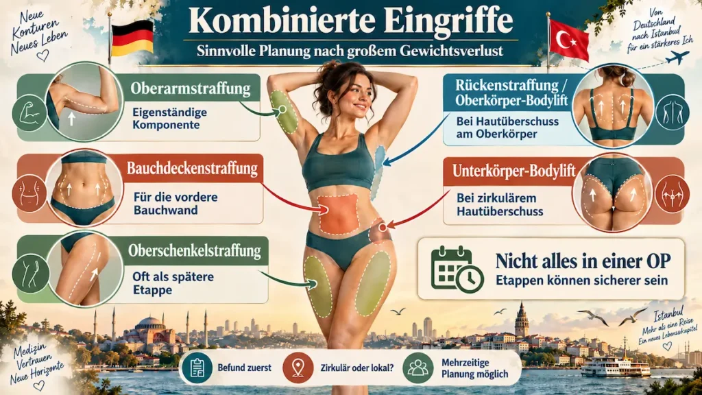 Kombinierte Eingriffe nach Gewichtsverlust: Infografik zu Bauchdecken-, Oberarm-, Oberschenkel- und Rückenstraffung sowie Bodylift.