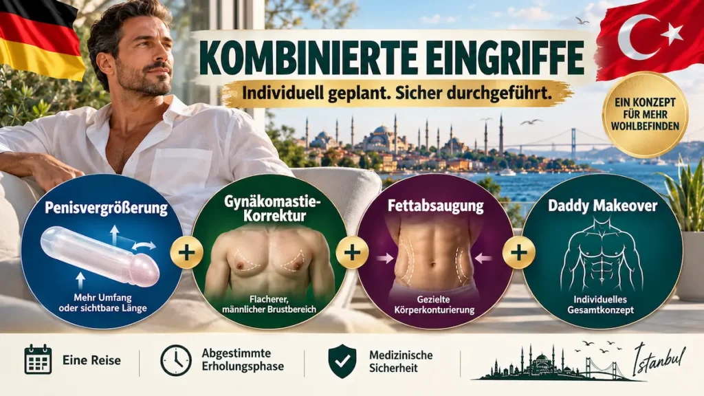 Kombinierte Eingriffe bei Penisvergrößerung: Übersicht zu Gynäkomastie-Korrektur, Fettabsaugung und Daddy Makeover in Istanbul.