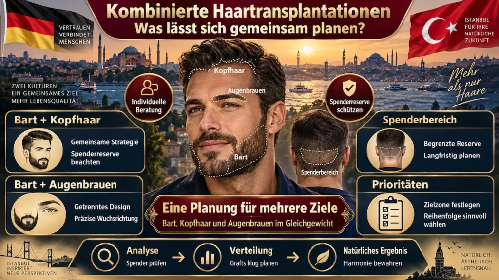 Kombinierte Haartransplantationen für Bart, Kopfhaar und Augenbrauen mit Spenderbereich, Prioritäten und geplanter Graft-Verteilung.