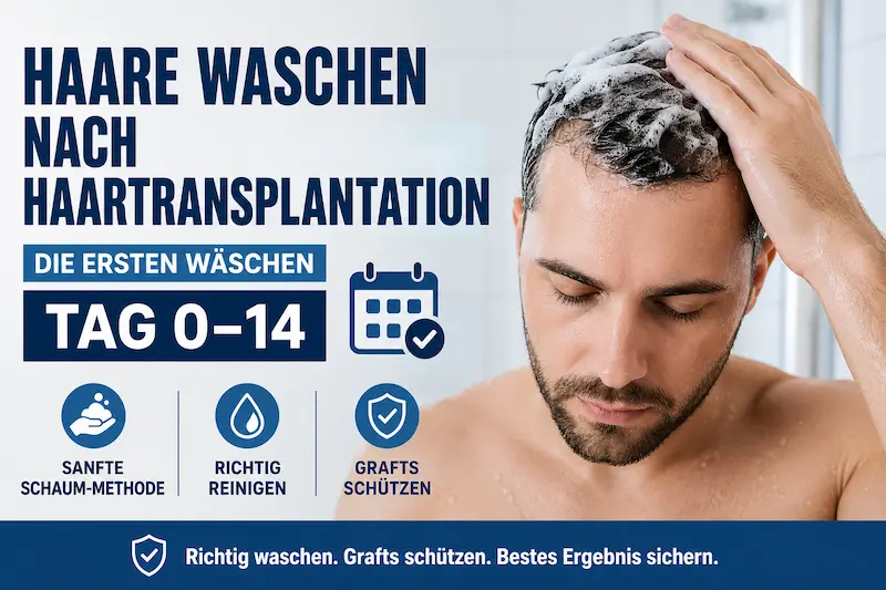 Haare waschen nach Haartransplantation: Mann nutzt sanften Schaum zur Pflege der Kopfhaut in den ersten 14 Tagen.
