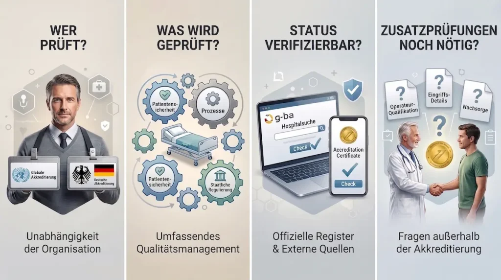 Akkreditierung Krankenhaus Sicherheit: Infografik zum Vergleich von KTQ, Qualitätsmanagement und unabhängiger Verifizierung