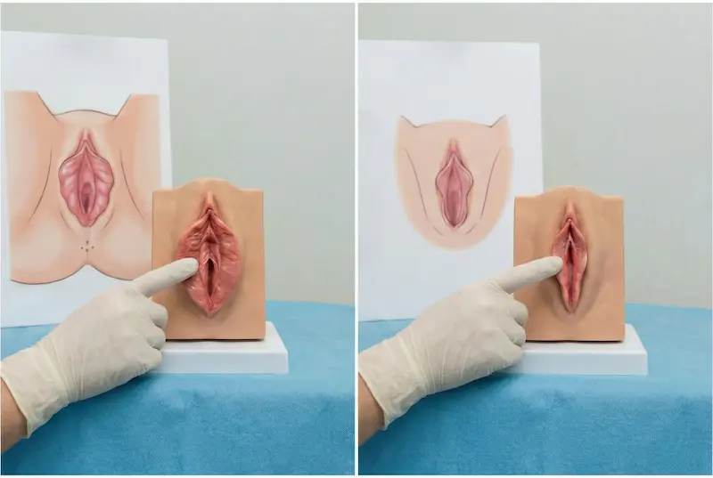 Labiaplasty before-and-after educational model illustrating contour refinement and symmetry improvement concept.
