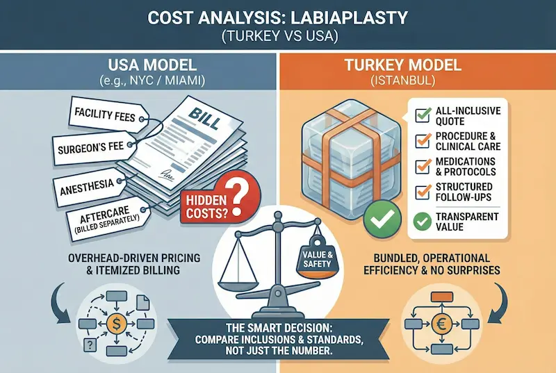 Labiaplasty cost infographic comparing USA vs Turkey (Istanbul) models, inclusions, and transparent bundled pricing.