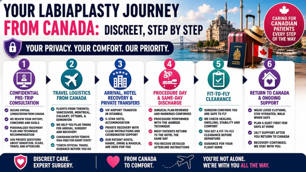 Labiaplasty journey from Canada to Turkey infographic showing consultation, travel, hotel recovery, procedure day, fit-to-fly clearance, and ongoing support.