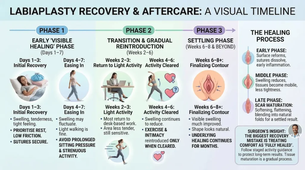 Labiaplasty recovery and aftercare timeline infographic showing healing phases, swelling reduction, return to work, and staged activity guidance.