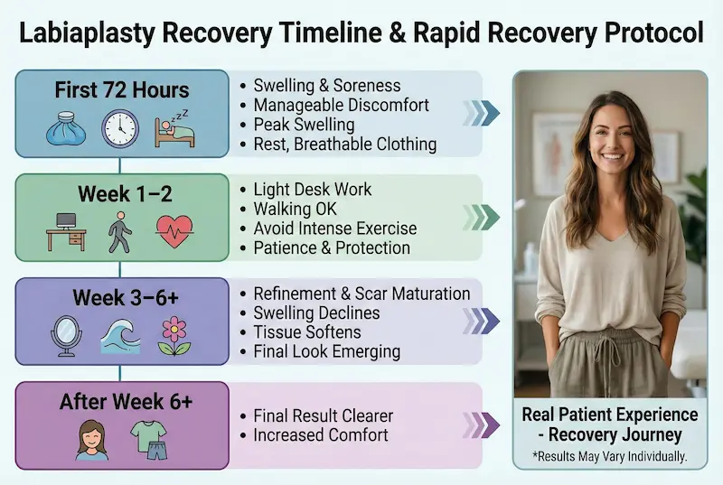Labiaplasty recovery timeline infographic showing first 72 hours, week 1–2, week 3–6+, and after week 6+.