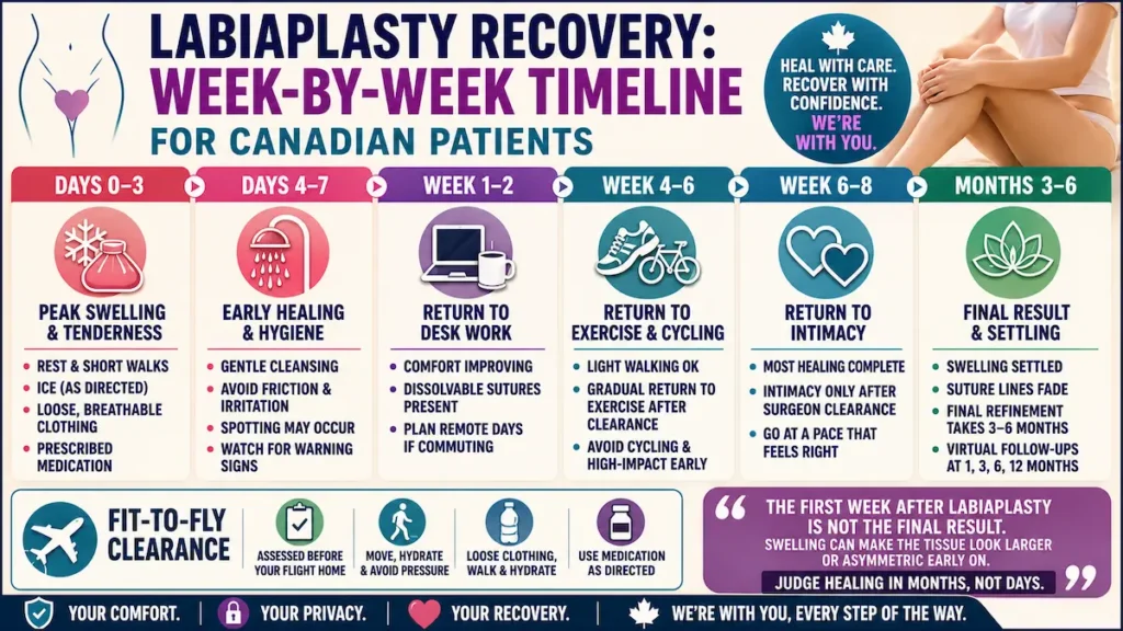 Labiaplasty recovery infographic showing a week-by-week healing timeline, fit-to-fly guidance, swelling care, and activity limits for Canadian patients.