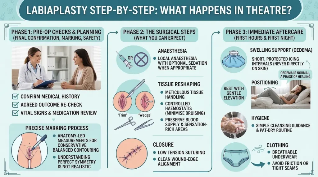 Labiaplasty step-by-step infographic showing pre-op checks, trim vs wedge steps, low-tension closure, and immediate aftercare for swelling and hygiene.