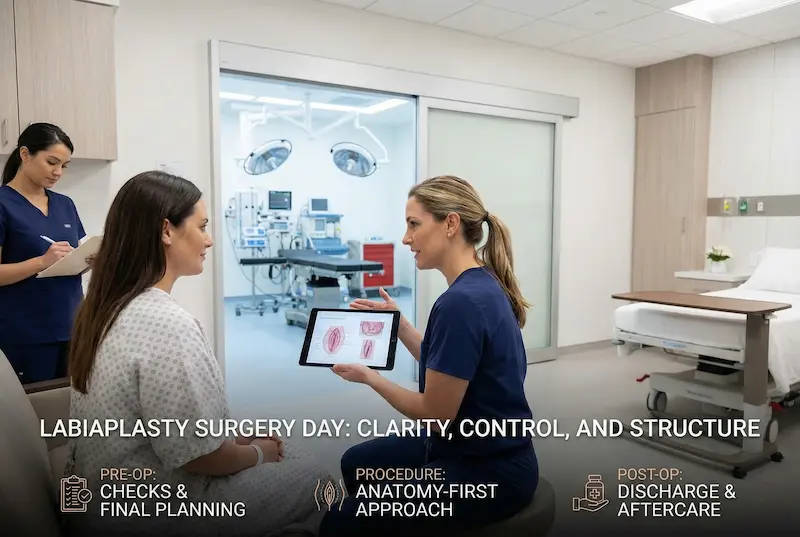 Labiaplasty surgery step-by-step photo showing pre-op planning, anatomy-first approach, and post-op discharge aftercare.