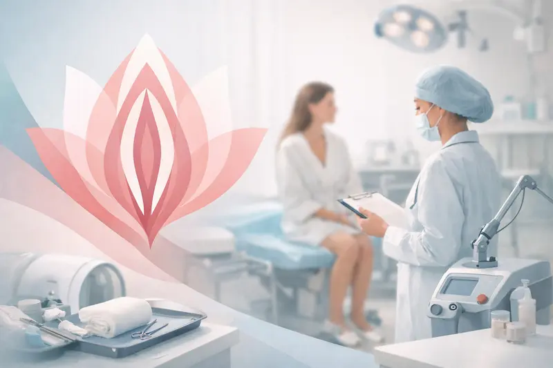 Labiaplasty surgery in a modern clinical setting, featuring a surgeon-led consultation and patient-focused care with a discreet anatomical illustration.