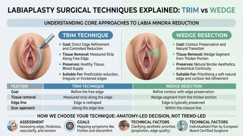 Labiaplasty surgical techniques infographic comparing trim vs wedge resection for labia minora reduction, showing goals, scarring approach, and candidate selection.