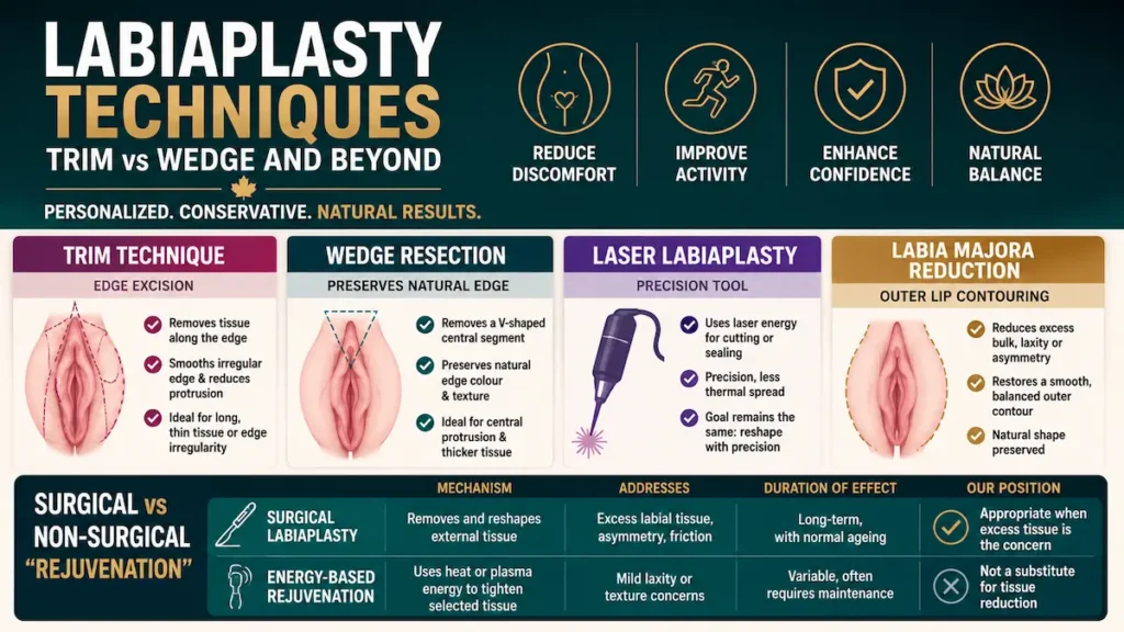 Labiaplasty techniques infographic comparing trim, wedge, laser labiaplasty, and labia majora reduction for Canadian patients.
