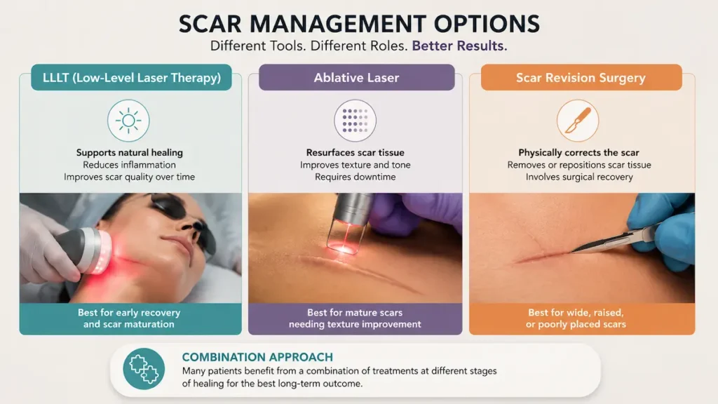 Minimize scars LLLT laser comparison showing LLLT, ablative laser, and scar revision surgery for scar management options.