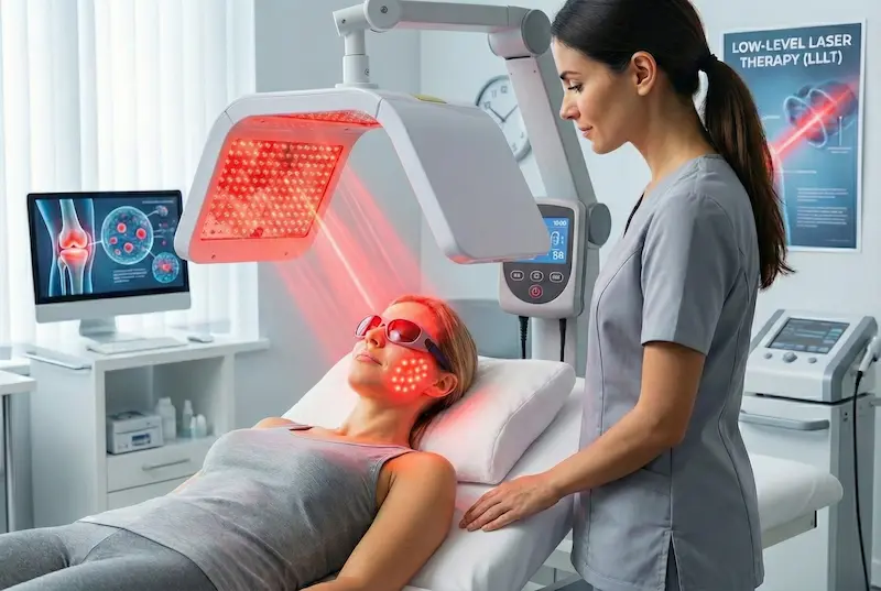 Laser treatment to minimize facelift scars: patient receives LLLT red-light therapy to support post-op scar healing.