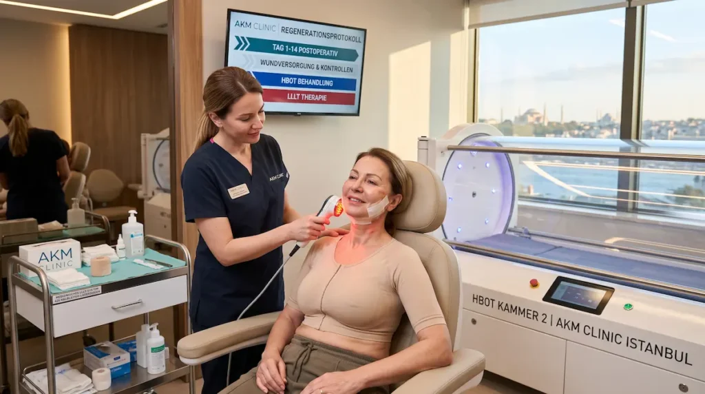 Facelift Heilung beschleunigen HBOT: Patientin erhält bei AKM eine LLLT-Anwendung neben der Druckkammer im postoperativen Regenerationsablauf.