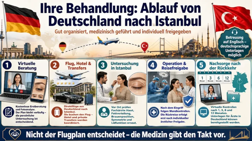 Lidstraffung Türkei – Infografik zum Behandlungsablauf mit virtueller Beratung, Flug, Untersuchung in Istanbul, Operation und Nachsorge.