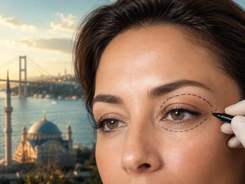 Lidstraffung Türkei – präoperative Markierung der Augenlider bei einer Blepharoplastik vor Istanbul-Kulisse.