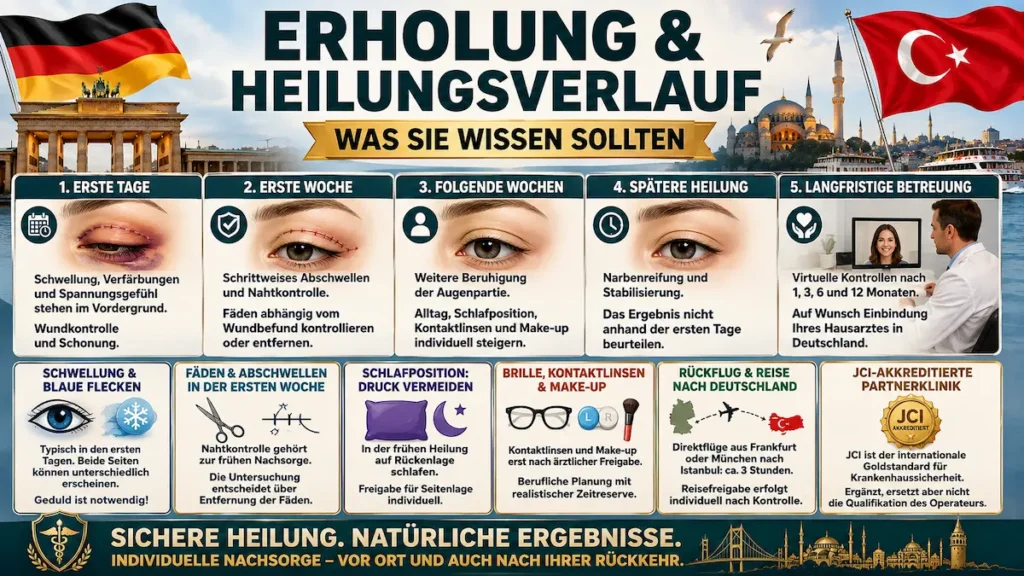 Lidstraffung Türkei – Infografik zum Heilungsverlauf mit Schwellung, Fäden, Schlafposition, Kontaktlinsen, Rückflug und langfristiger Nachsorge.