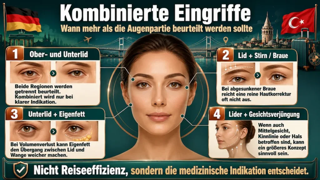 Lidstraffung Türkei – Infografik zu kombinierten Eingriffen mit Ober- und Unterlid, Stirn- und Brauenlifting, Eigenfett und Gesichtsverjüngung.