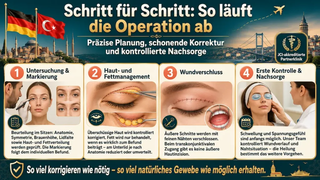 Lidstraffung Türkei – Infografik zum OP-Ablauf mit Untersuchung, Markierung, Haut- und Fettkorrektur, Wundverschluss und erster Nachsorge.