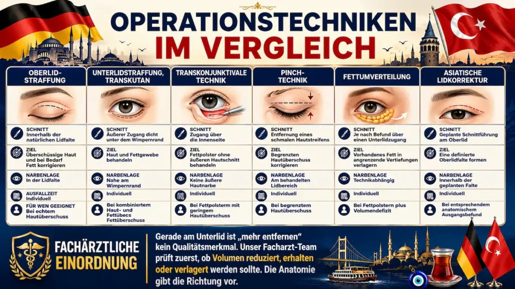 Lidstraffung Türkei – Infografik mit sechs Operationstechniken: Oberlid, Unterlid, transkonjunktival, Pinch, Fettumverteilung und asiatische Lidkorrektur.