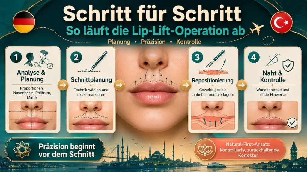 Lip-Lift Ablauf Schritt für Schritt: Analyse, Schnittplanung, Repositionierung sowie Naht und Kontrolle der Oberlippe