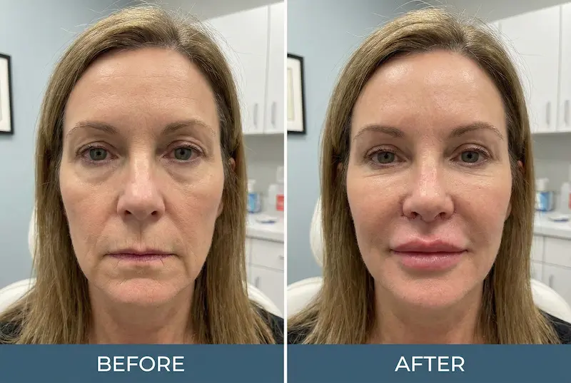 Lip lift before and after photo showing improved upper lip definition and increased upper lip show, with a discreet incision area under the nose.