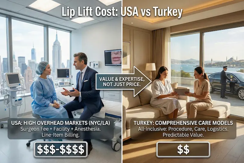 Lip lift cost USA vs Turkey comparison graphic showing USA line-item pricing versus Turkey all-inclusive care model and value-focused messaging.