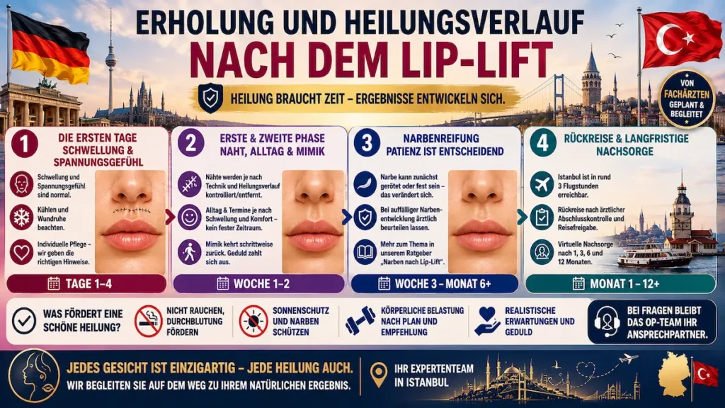 Lip-Lift Heilungsverlauf mit Schwellung, Nahtkontrolle, Narbenreifung sowie Rückreise und langfristiger Nachsorge