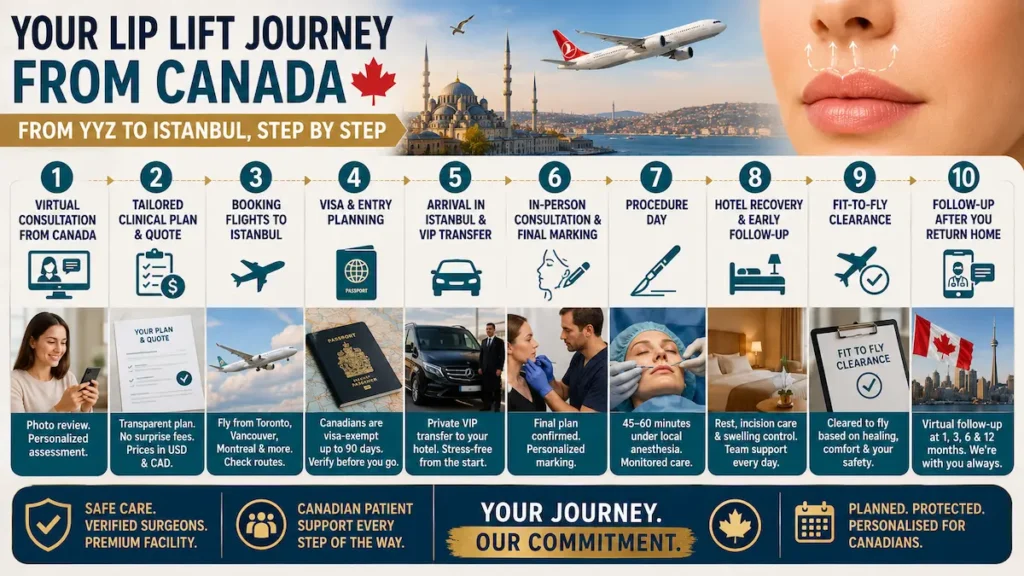 Lip lift in Turkey journey infographic for Canadian patients showing consultation, quote, flights, VIP transfer, procedure day, fit-to-fly clearance, and follow-up.