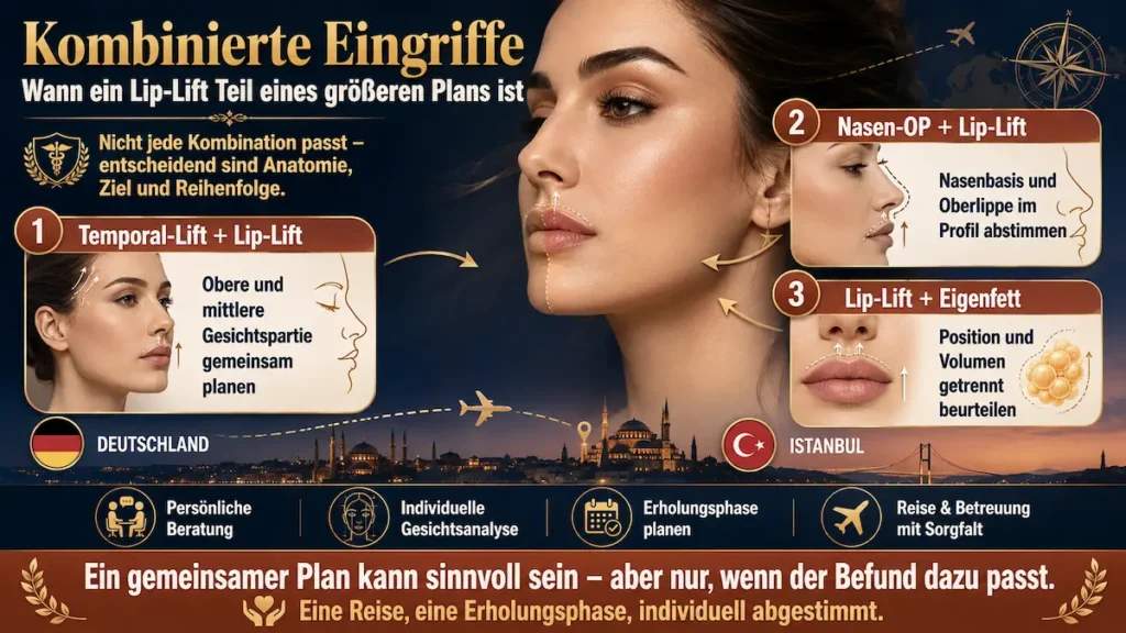 Kombinierte Eingriffe beim Lip Lift: Temporal-Lift, Nasen-OP und Eigenfett als individuell abgestimmte Optionen