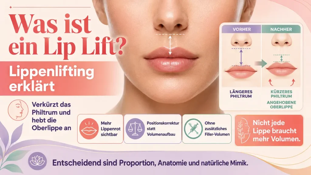 Lip Lift erklärt: Grafik zur Verkürzung des Philtrums und Anhebung der Oberlippe ohne zusätzliches Filler-Volumen