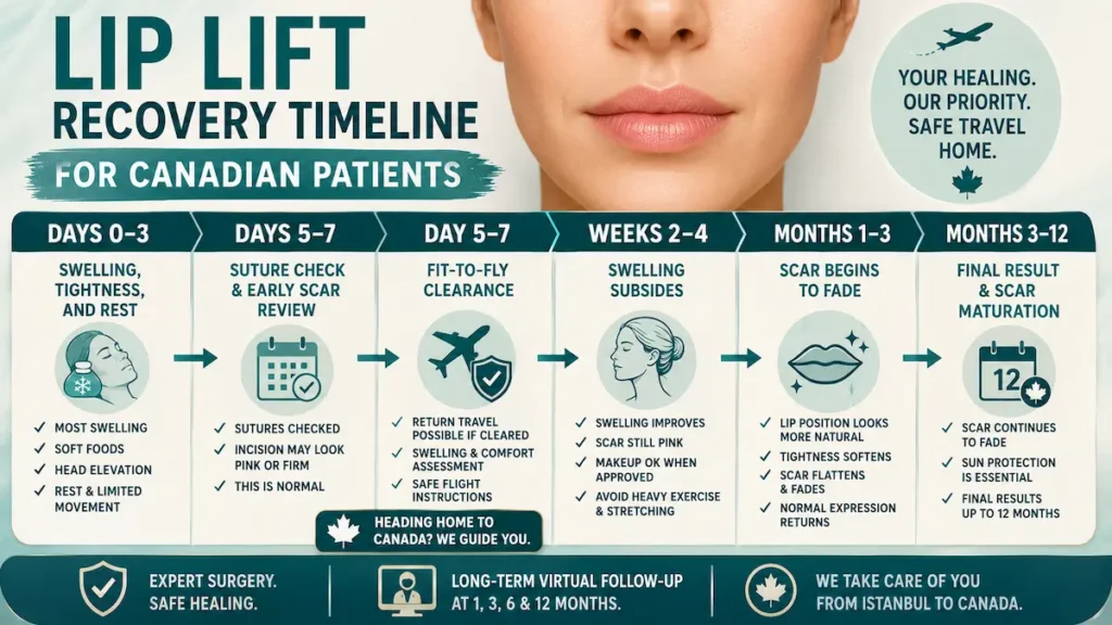 Lip lift recovery timeline for Canadian patients showing swelling, suture check, fit-to-fly clearance, scar fading, and final results.