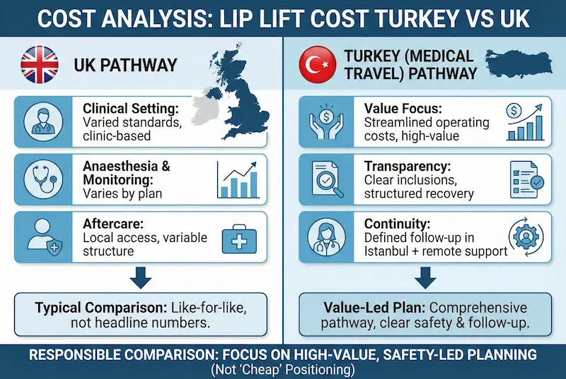 Lip Lift Surgery Cost infographic comparing Turkey vs UK pathways, showing clinical setting, anaesthesia and monitoring, aftercare, transparency and follow-up.