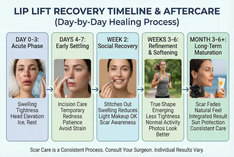 Lip lift surgery recovery timeline infographic showing day-by-day healing phases from days 0–3 to months 3–6+ with aftercare tips.