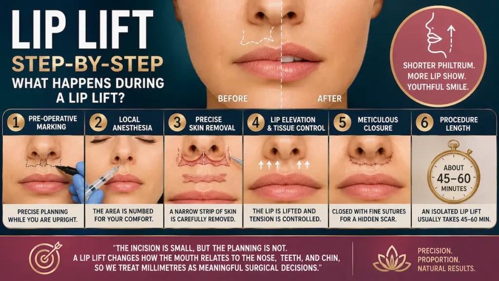 Lip lift surgery step-by-step infographic showing pre-operative marking, local anesthesia, skin removal, lip elevation, closure, and procedure length.