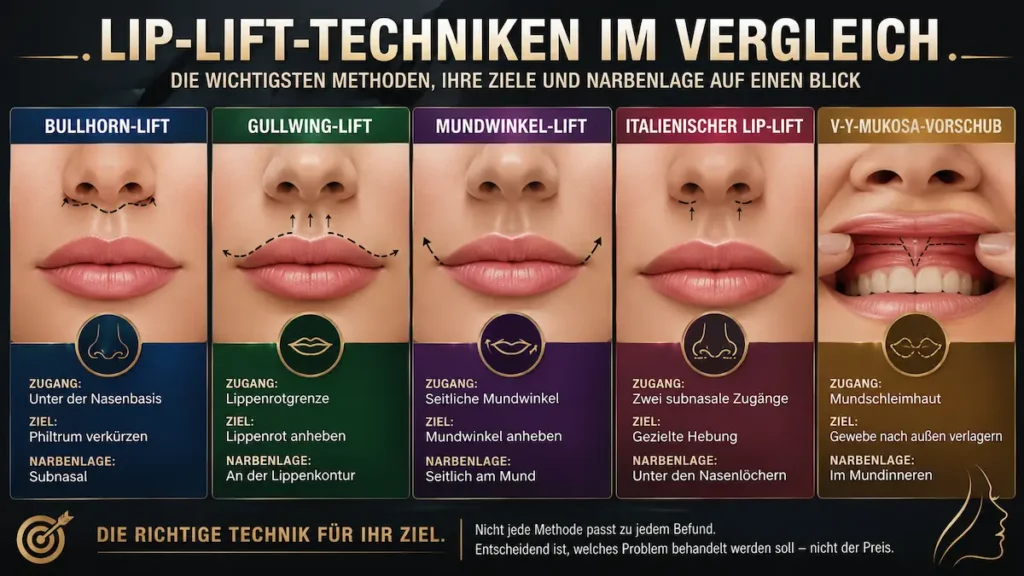 Lip-Lift-Techniken im Vergleich: Bullhorn-, Gullwing-, Mundwinkel-, italienischer Lip-Lift und V-Y-Mukosa-Vorschub