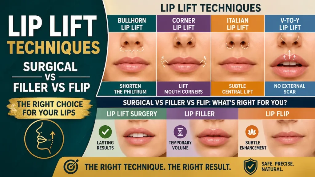Lip lift techniques infographic comparing bullhorn, corner, Italian, V-to-Y, lip filler, and lip flip options.
