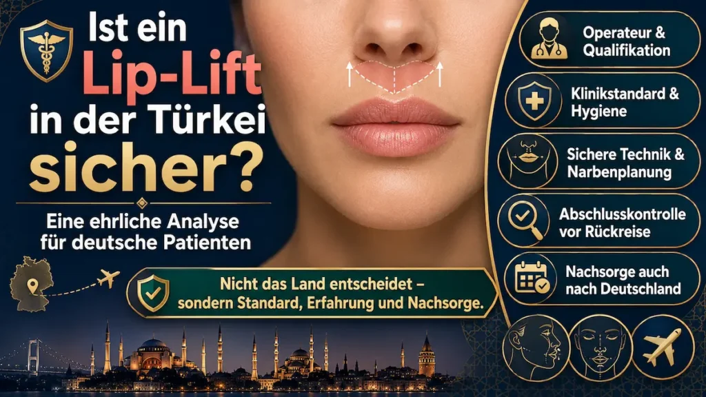 Lip-Lift in der Türkei: Grafik zu Operateur-Qualifikation, Klinikstandards, Narbenplanung, Rückreisekontrolle und Nachsorge