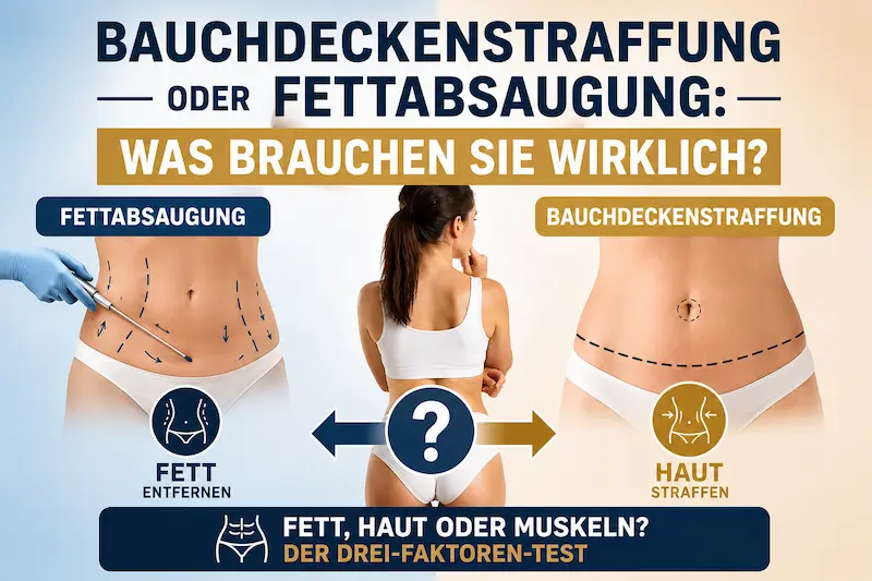 Bauchdeckenstraffung oder Fettabsaugung im Vergleich: Drei-Faktoren-Test für Fett, Haut und Muskulatur am Bauch.
