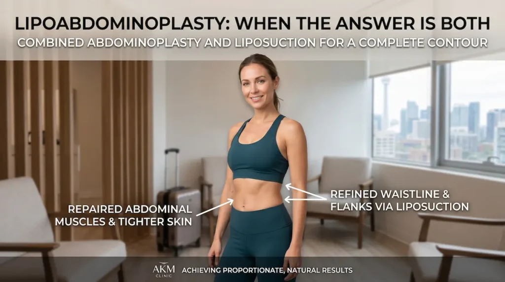 Tummy tuck vs liposuction image showing lipoabdominoplasty for repaired abdominal muscles, tighter skin, and refined waistline.