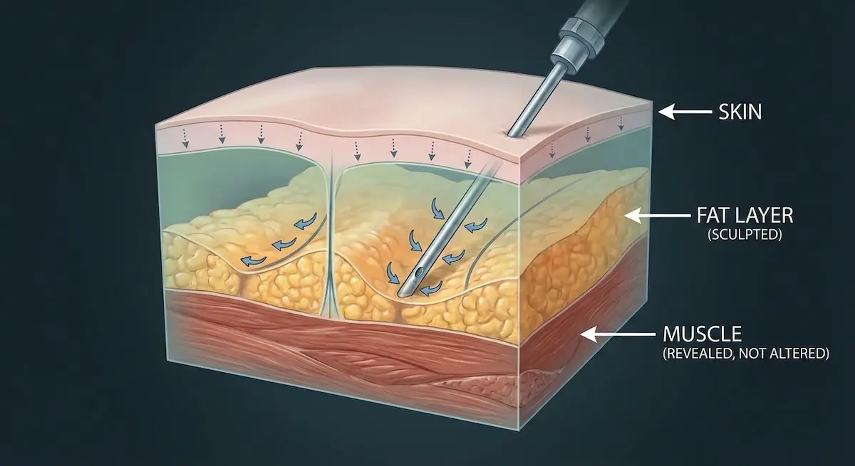 Illustration showing a liposuction cannula sculpting the fat layer beneath the skin while muscle remains unchanged underneath.