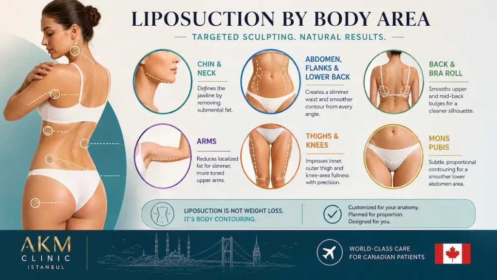 Liposuction by body area infographic showing chin, neck, arms, abdomen, flanks, back, thighs, knees, and mons pubis contouring.