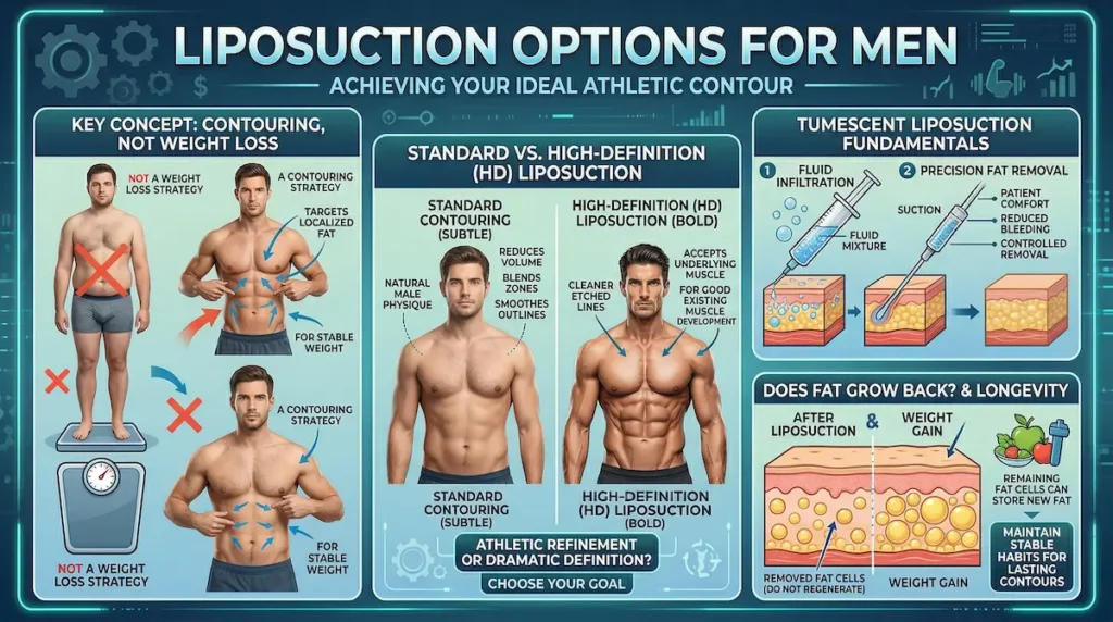 Daddy makeover liposuction infographic for men comparing standard vs HD liposuction, tumescent technique, and longevity.