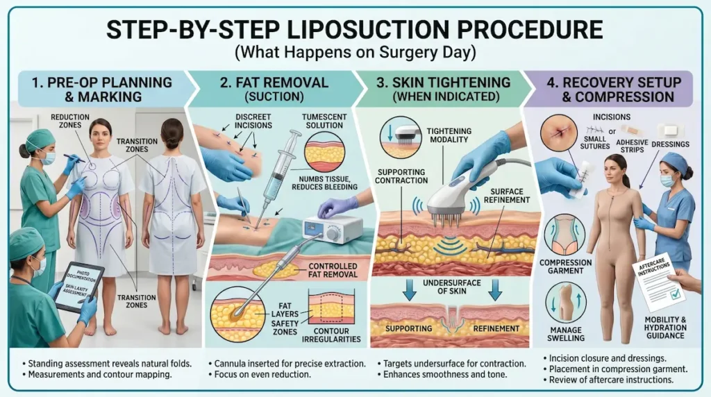 Step-by-step diagram of the liposuction with skin tightening procedure showing pre-op marking, fat removal, tightening, and compression recovery setup.